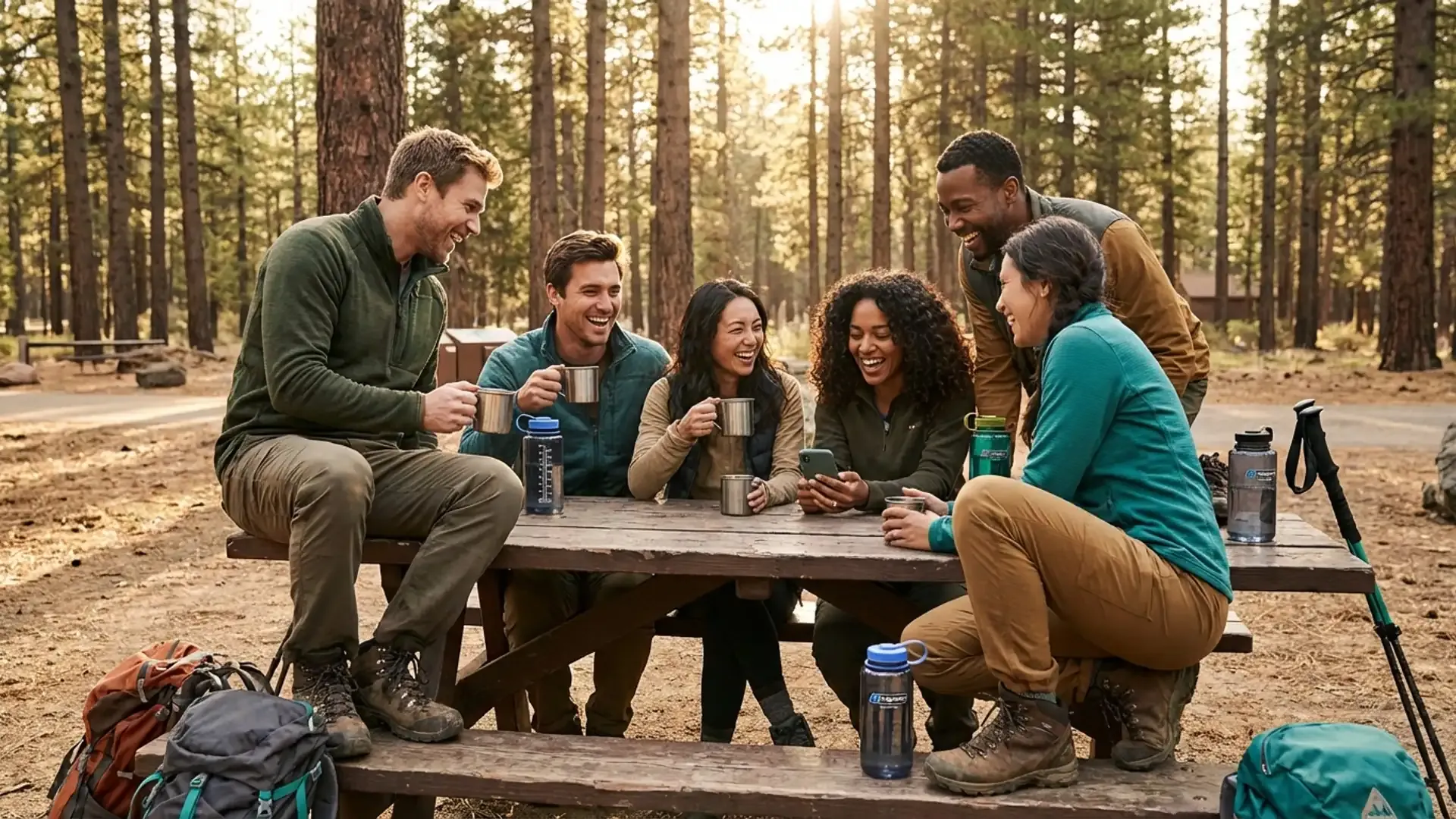 Diverse group of friends laughing and sharing drinks at a forest picnic table after hiking