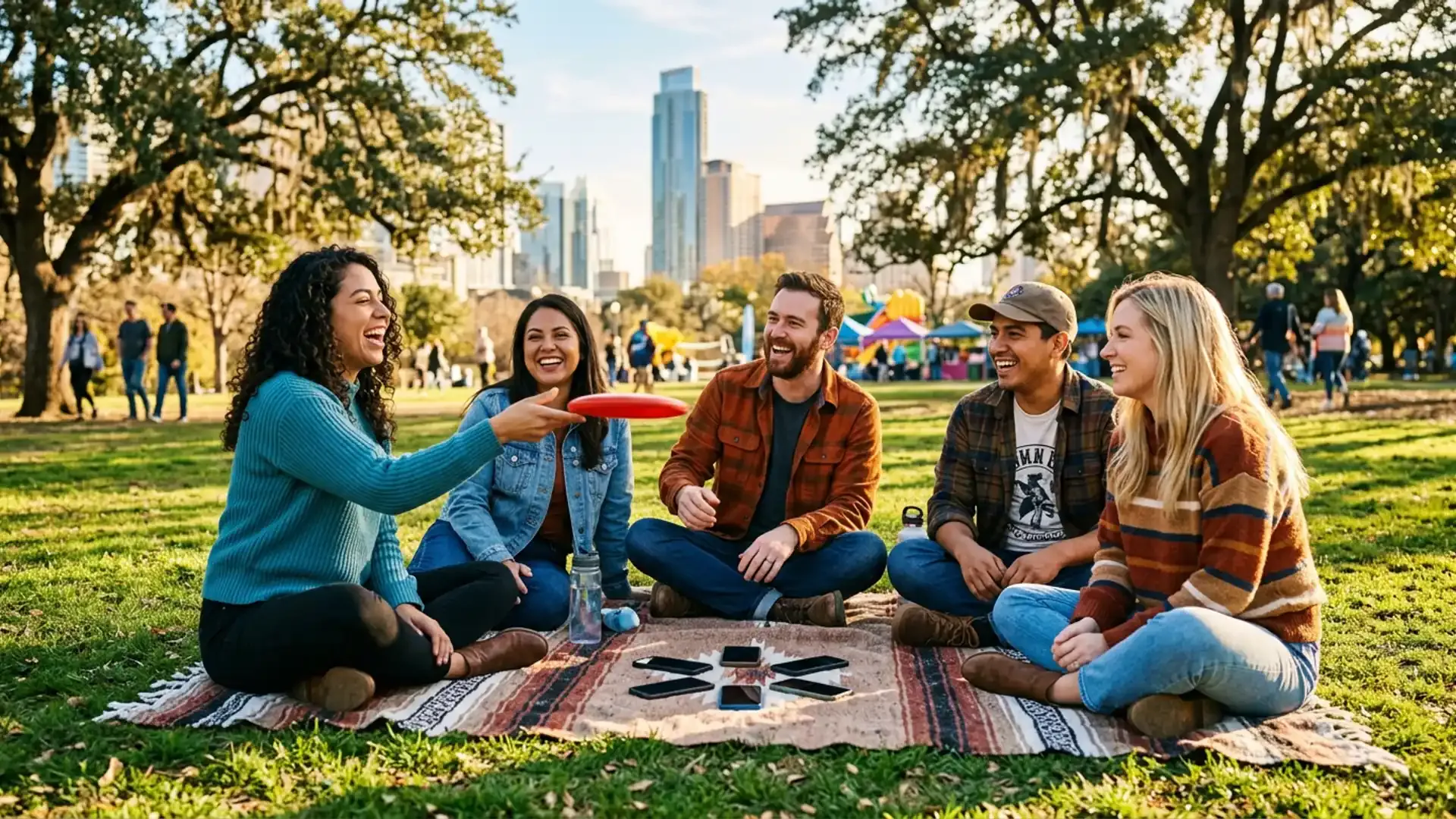 Diverse group of friends in Austin park laughing together with phones face-down on a blanket, choosing real connection