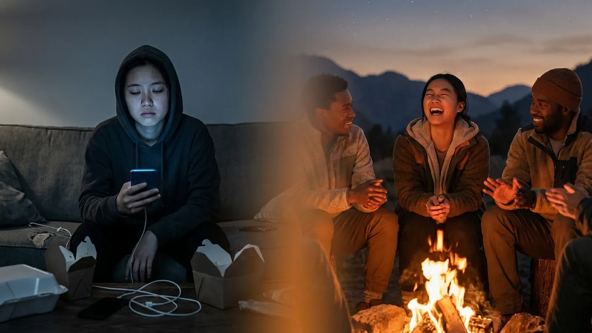 Contrast: tired phone swiping vs laughing with friends at outdoor campfire