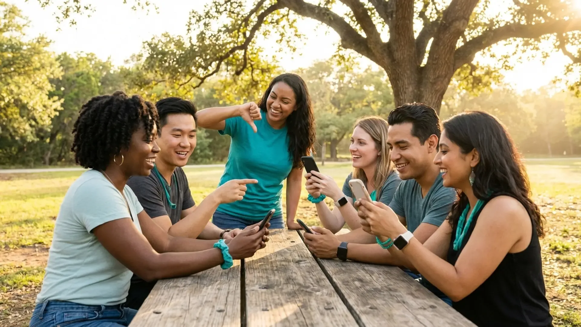 Diverse group of friends comparing dating apps on phones at a sunny park in Texas