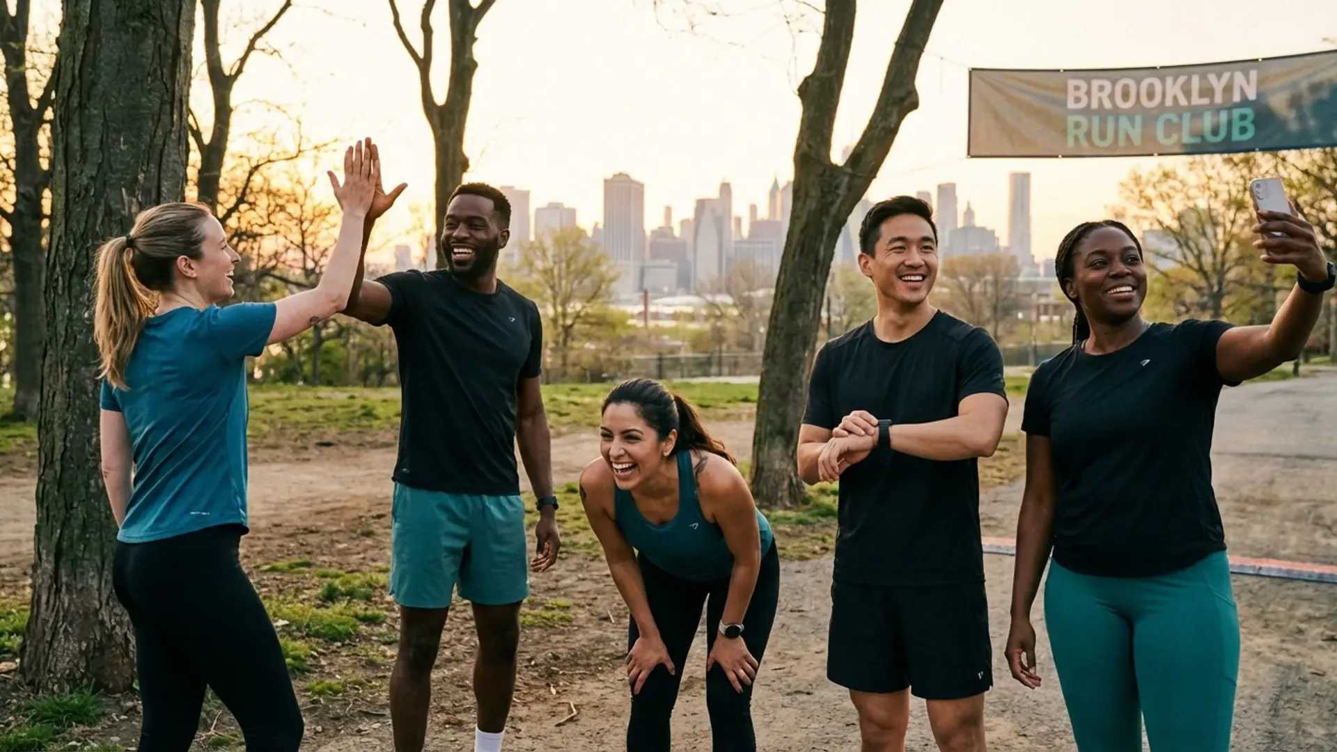 Diverse group high-fiving after morning run at Brooklyn running club with NYC skyline