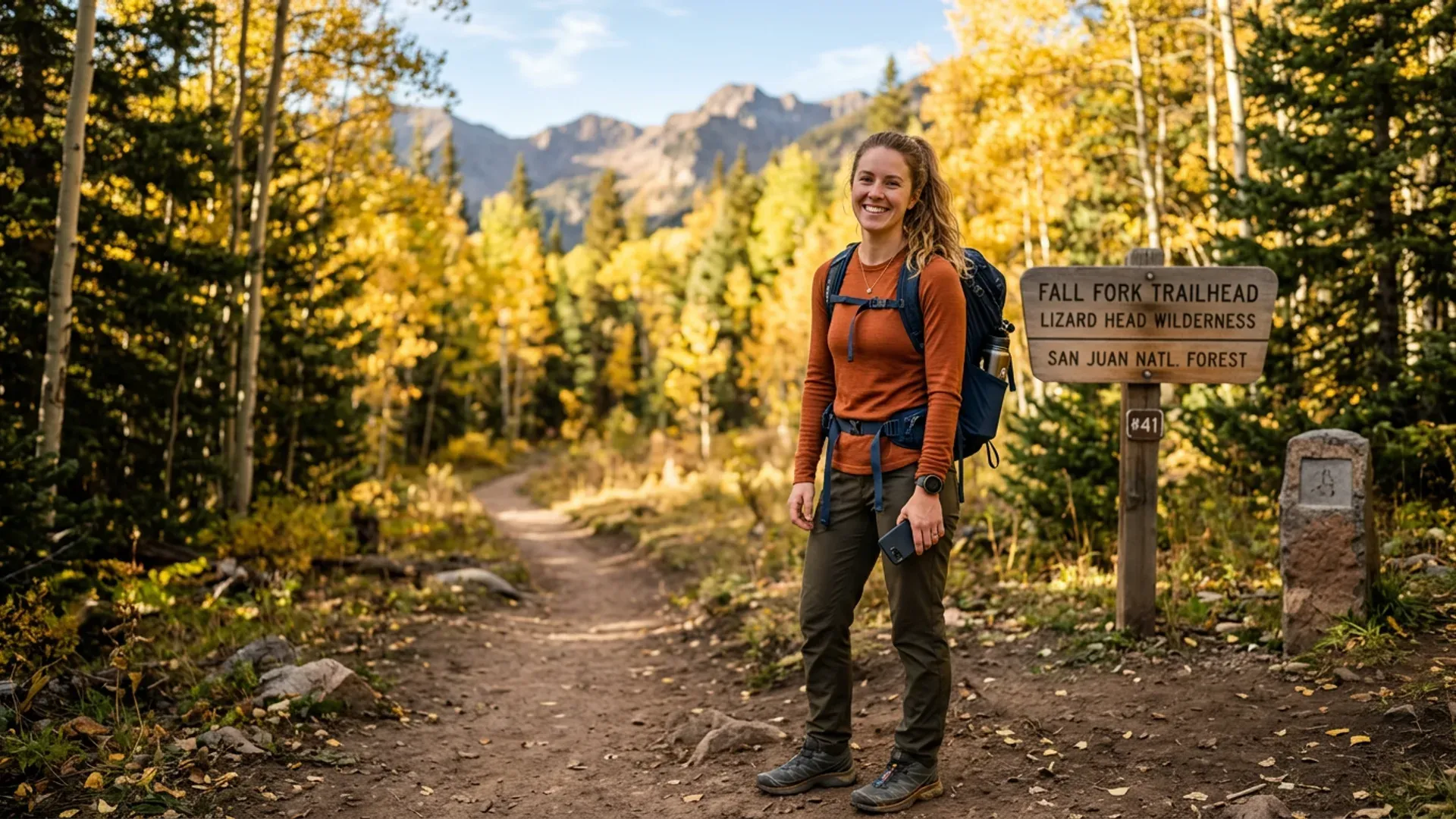 Young woman smiling at a trailhead with smartphone, inviting forest trail behind her