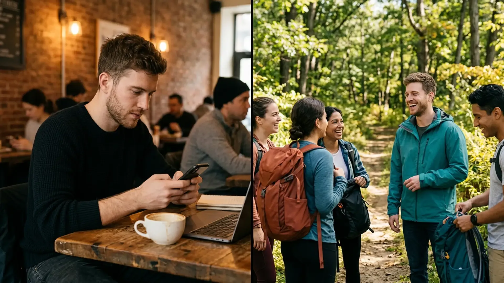 Split screen: man scrolling dating app alone in a coffee shop vs the same man laughing with diverse friends at a trail