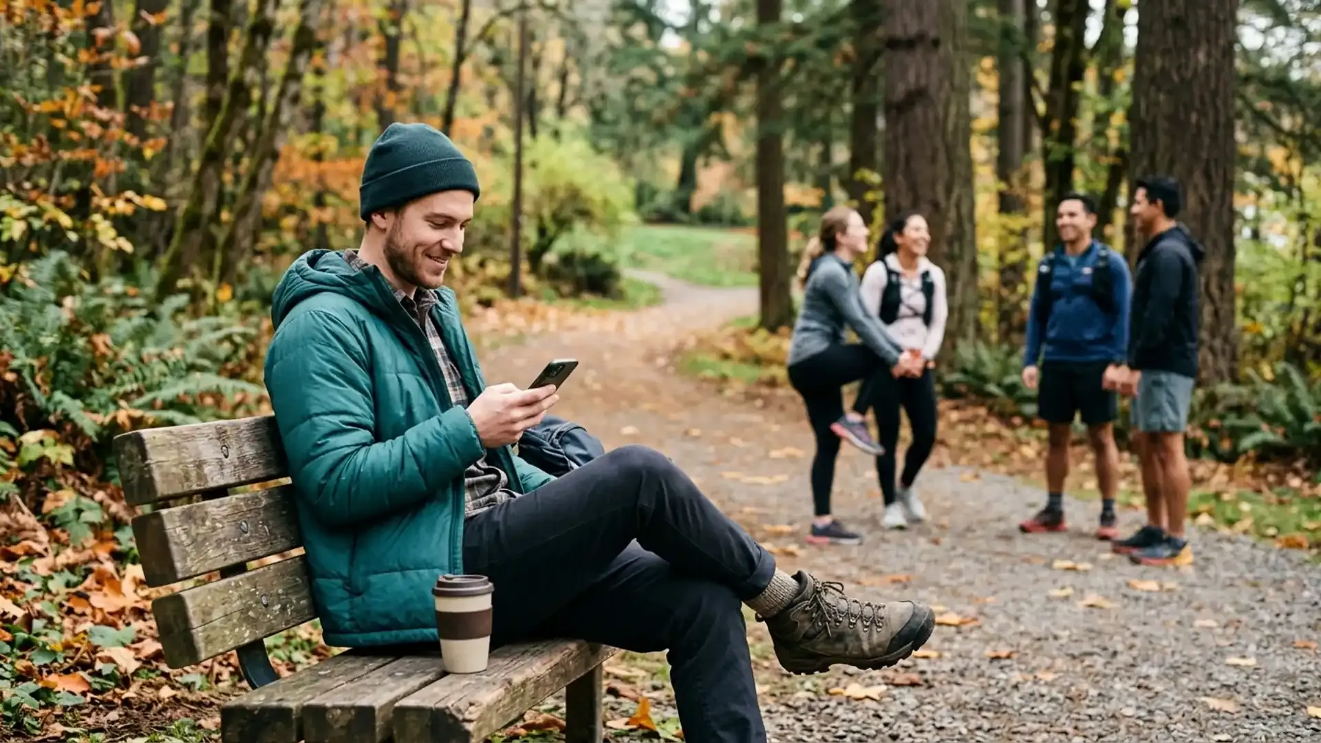 Young man in teal jacket sitting on a park bench checking his phone, with a group of friends stretching for a trail run in the background