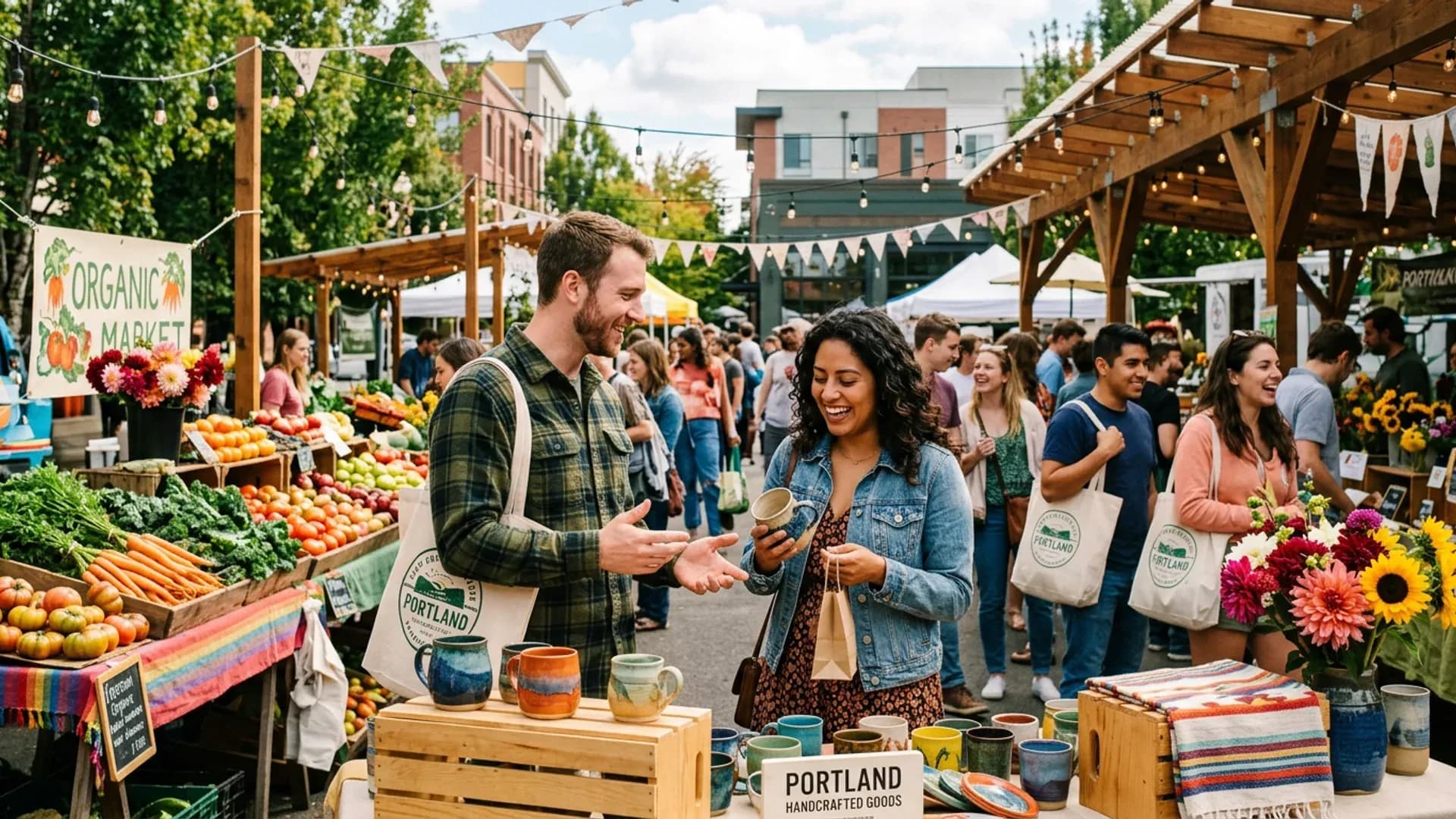 Young adults naturally starting conversations at an outdoor community farmers market