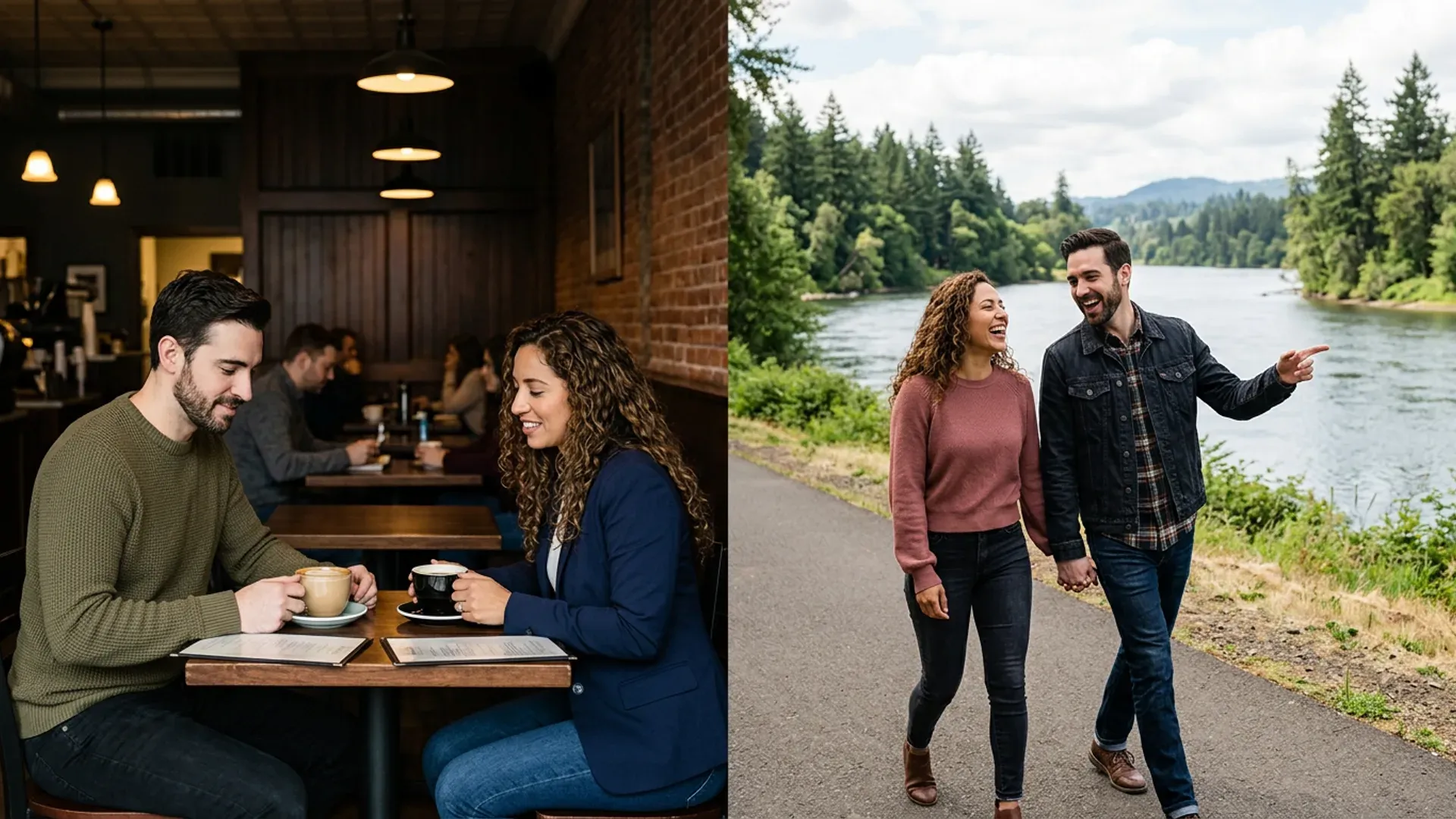 Science contrast: formal coffee shop date vs animated riverside walk conversation