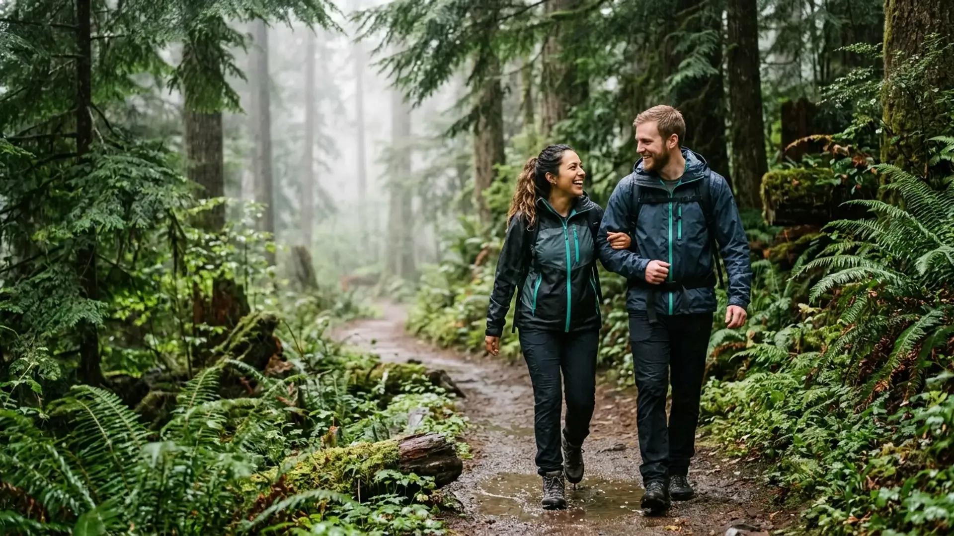 Couple hiking together on a misty Pacific Northwest forest trail in the rain wearing teal jackets