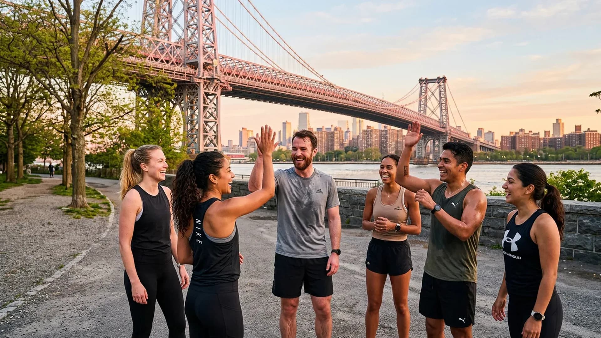 Diverse group of young runners high-fiving after a morning run near the Williamsburg Bridge in Brooklyn