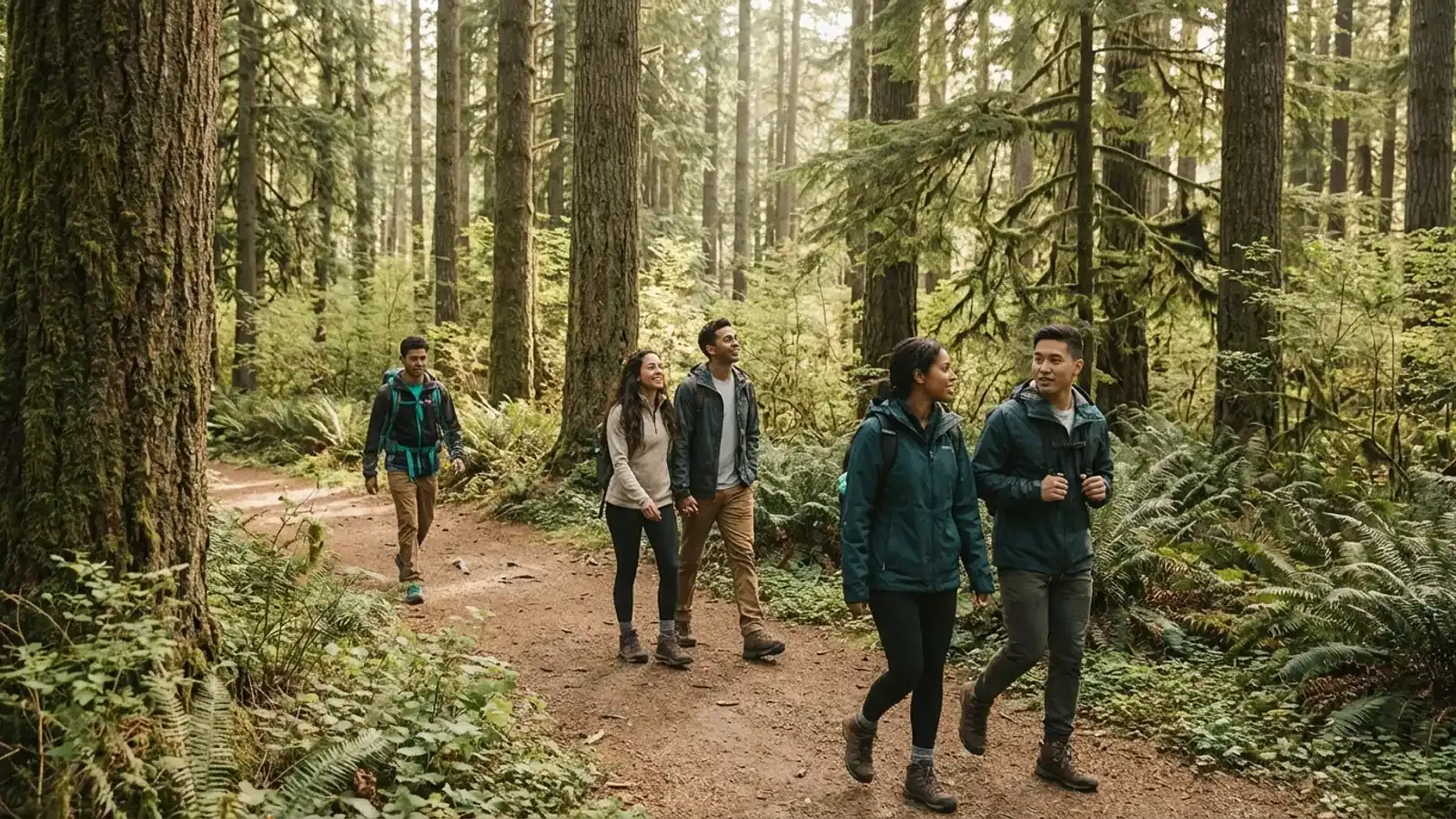 Shy young woman gradually joining a hiking group conversation, feeling comfortable in nature