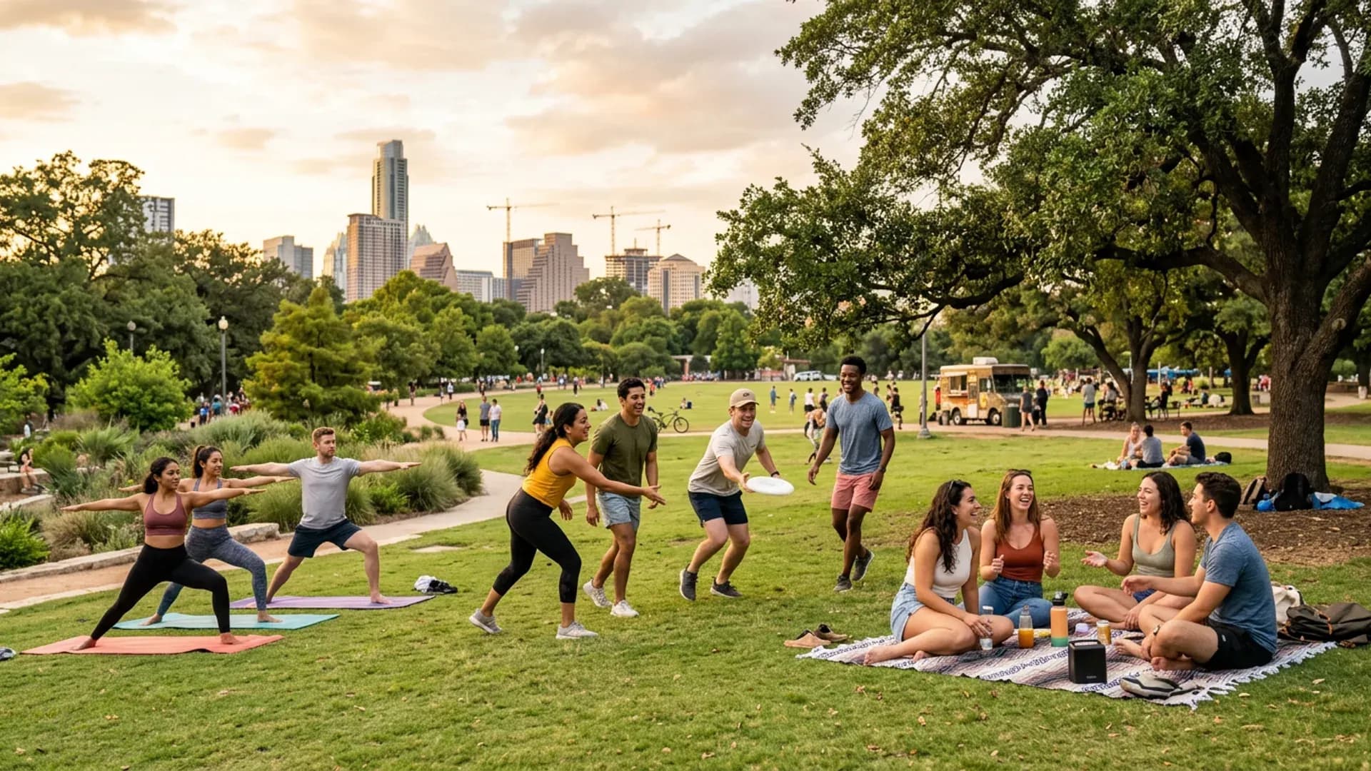 Urban park as modern third place with groups socializing through outdoor activities